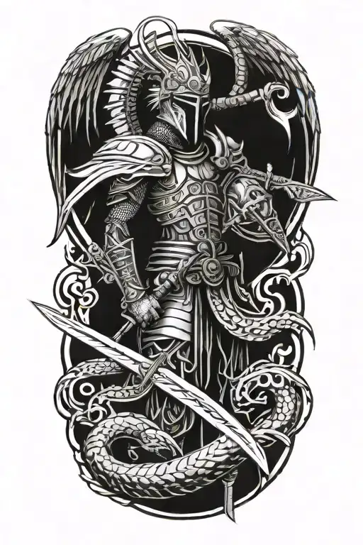 Angel With A Dragon Tribal Helmet Holding A Sword