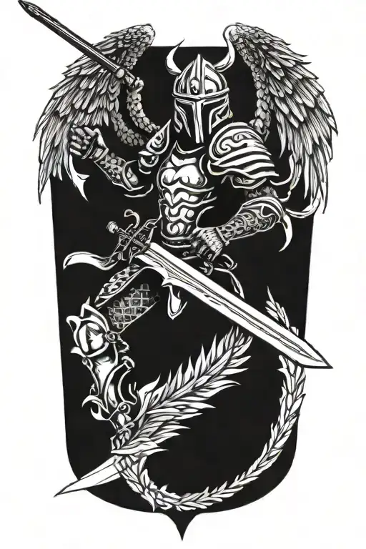 Angel With A Dragon Tribal Helmet Holding A Sword