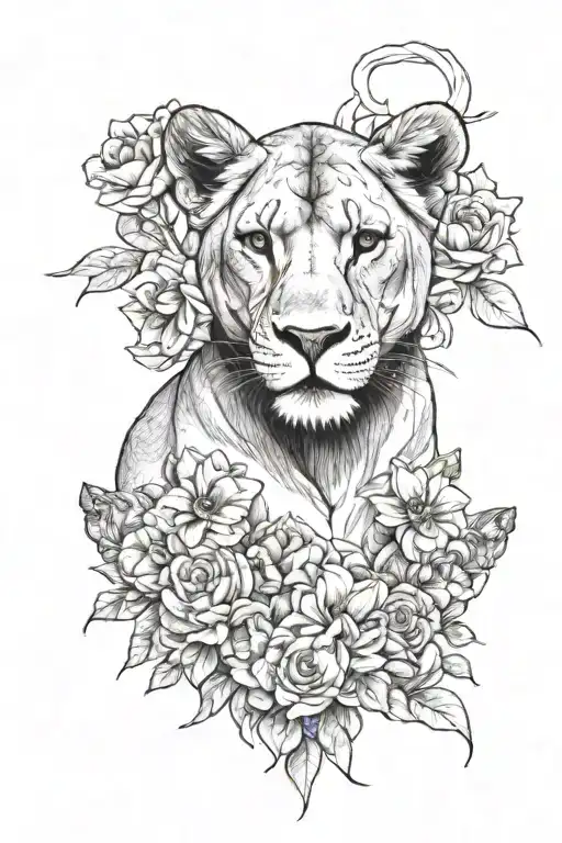 Lioness With Cubs And Flowers