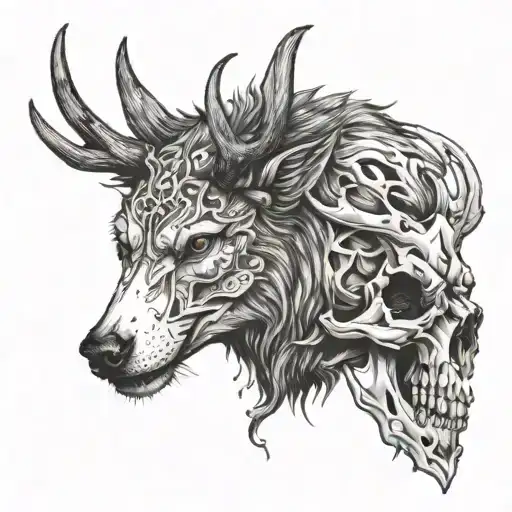 Half Wolf Head With The Other Half Beaing A Deer Skull With Antlers