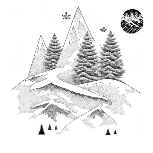 Beach And Snowy Peak And Pine Trees