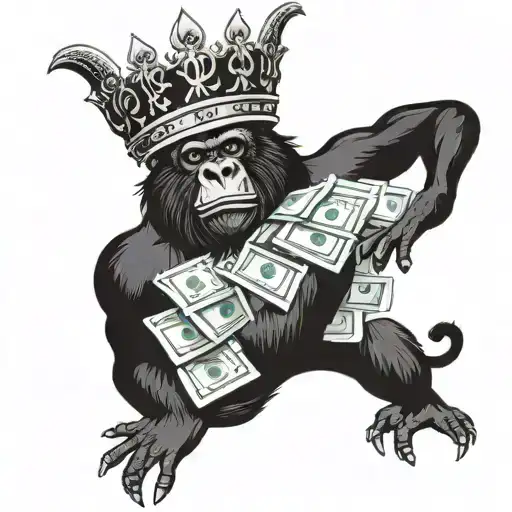A Gorilla Wearing A Crown Surrounded By Money Symbols And A Phoenix Rising In The Background