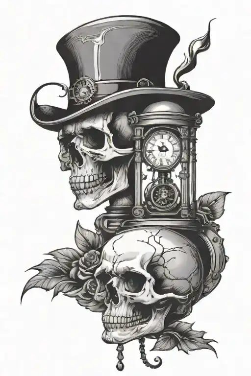 Skull With Hourglass And Grandfather Clock