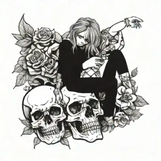 A Girl In Underwear Sits On A Skull