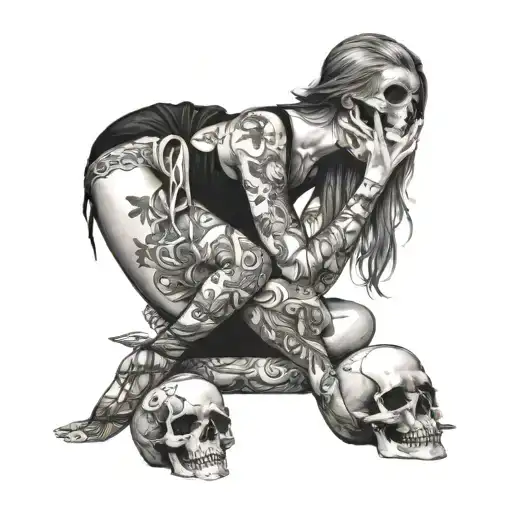 A Girl In Underwear Sits On A Skull