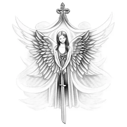 Angel Praying On Knee With Sword