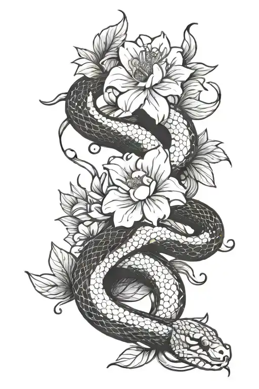 White Snake With White Flowers On Black Background