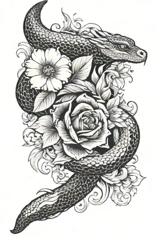 Blackout Sleeve With White Snake And White Flower Surrounded