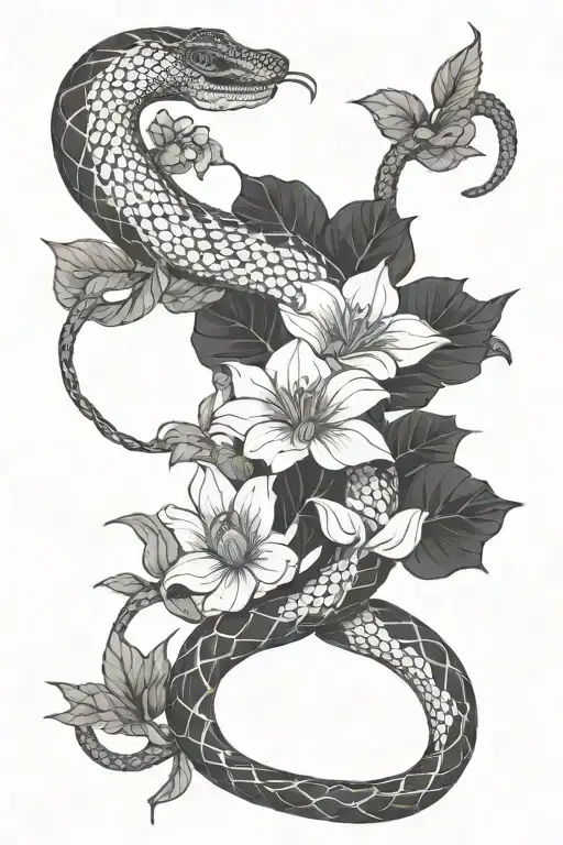 Snake Wrapping Around Big Flowers Blooming