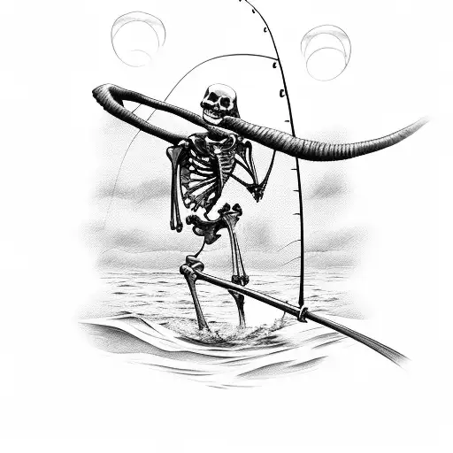 A Fishing Scene With A Skeleton Fisherman Catching A Mythical Creature From The Depths