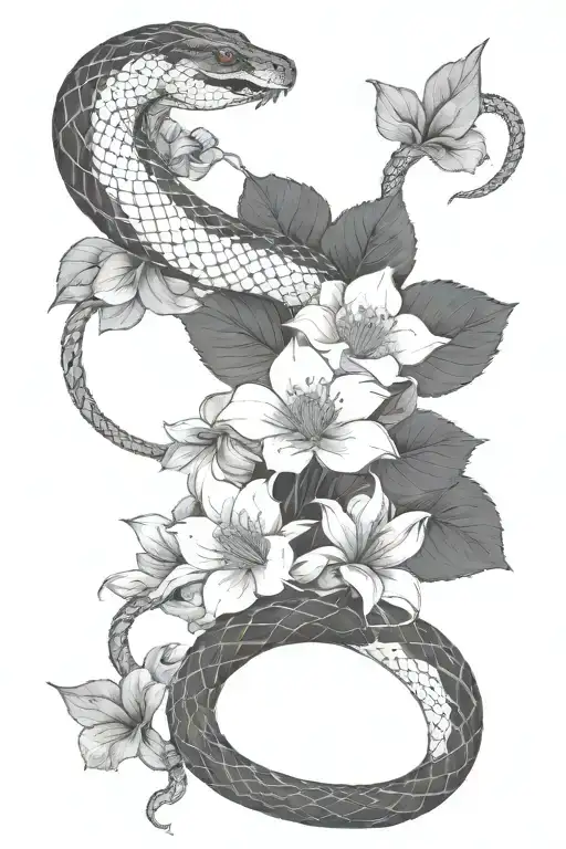 Big Snake Wrapping Around Big Blooming Flowers