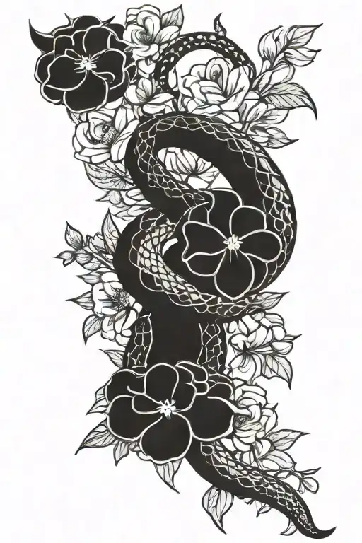 Thick Snake Wrapping Around Flowers Intertwined
