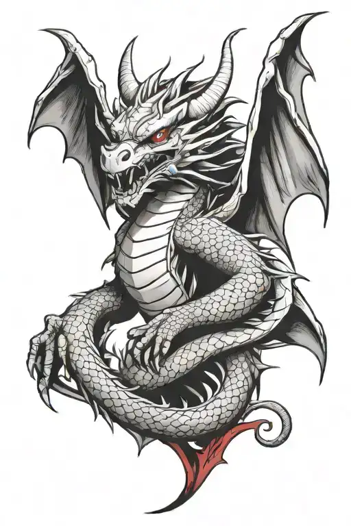 Black And White Dragon With Bat Wings And Red Accent Forearm