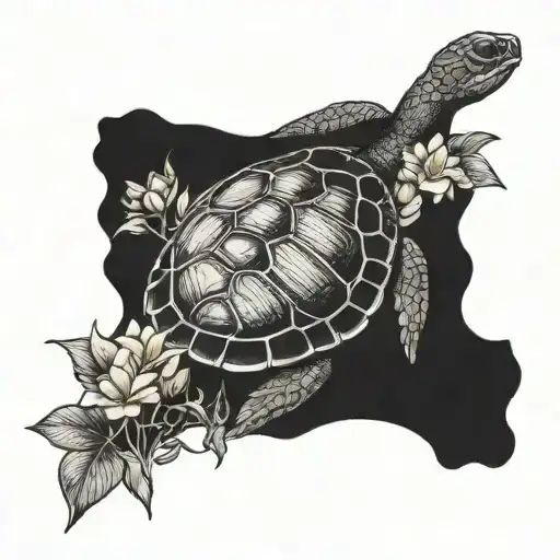 A Dreamy Sunset With A Turtle Resting On The Beach Surrounded By Yellow Flowers