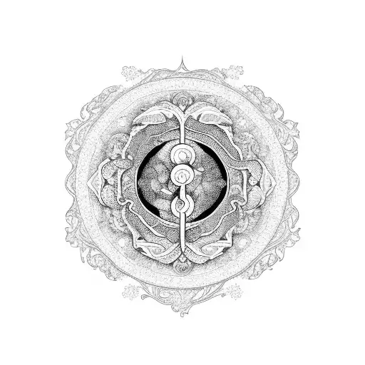 A Blackwork Tattoo Of A Virgo Symbol Entwined With Intricate Floral Patterns