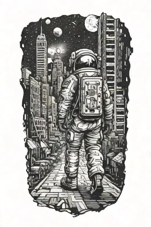 Astronaut Walking Down Road In Abandoned Metropolis Crumbling Skyscrapers Under Cosmic Sky