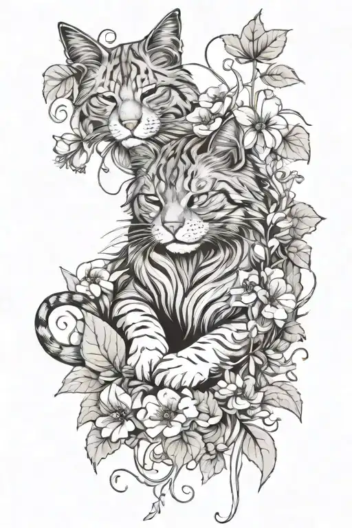 A Sleeping Long Haired Cat On A Cloverfield With Wildflowers