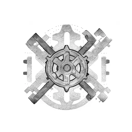 A Blackwork Design Of A Mountain Peak With Gears And Mechanical Elements