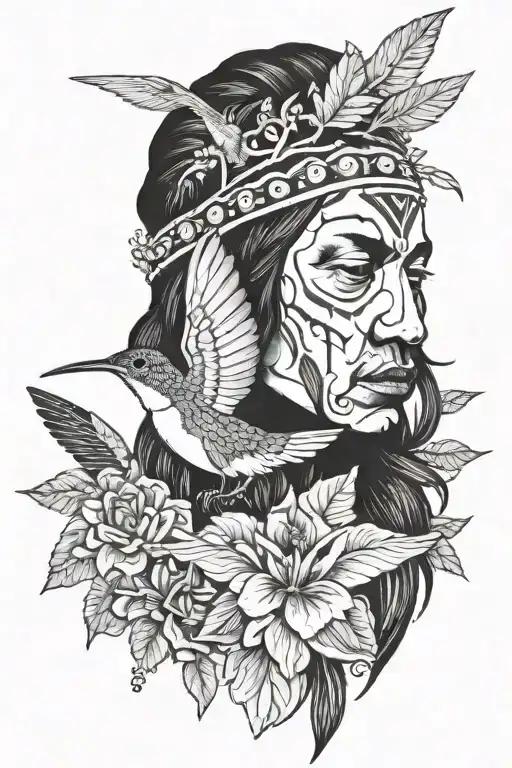 Native American Indian Head With A Hummingbird Sipping Nectar