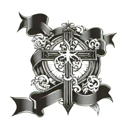 Christian Cross Wrapped With Ribbon And Clouds With Rays