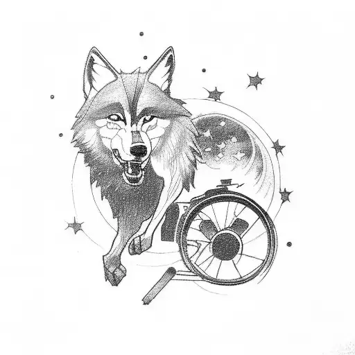 A Wolf Riding A Motorcycle In The Dark Under A Full Moon