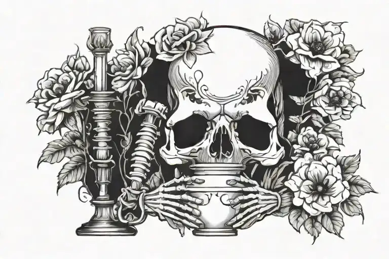 A Gothic Skeleton Looks After A Vase With Flowers In A Dark Theme