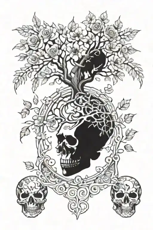 A Tree Of Life Design Incorporating Elements Of Skulls And Flowers
