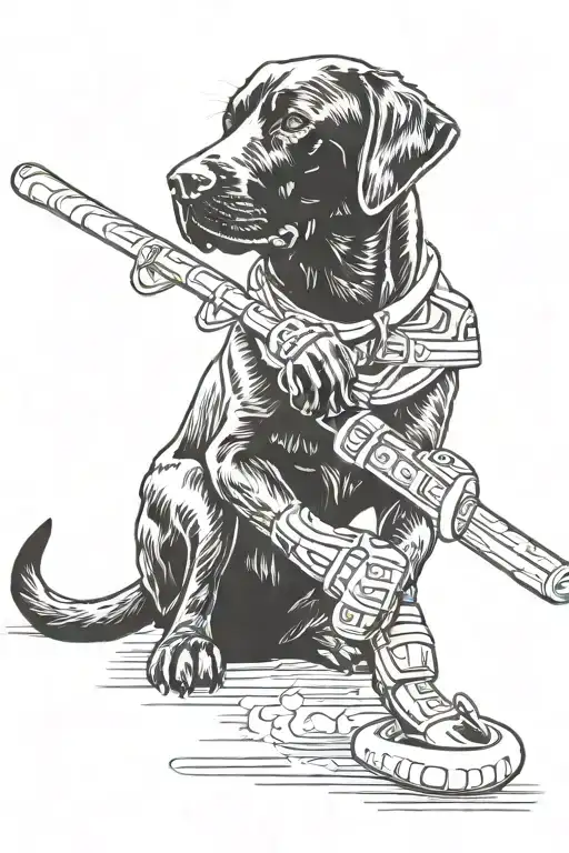 Black Lab Holding Hockey Stick