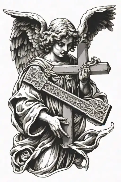Angel Holding Cross Tattoo Design