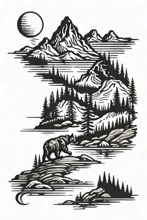 Mountains Bear Trees Colors Sunset Over Lake