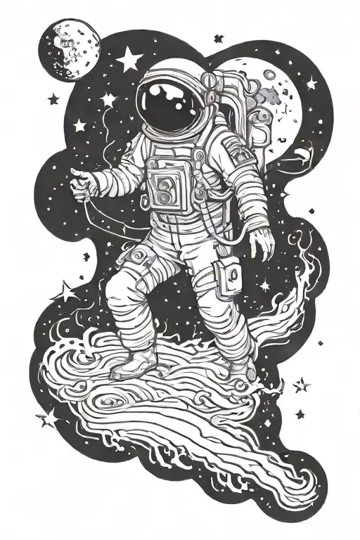 Spaceman Fishing On Water With The Moon And Night Sky Behind