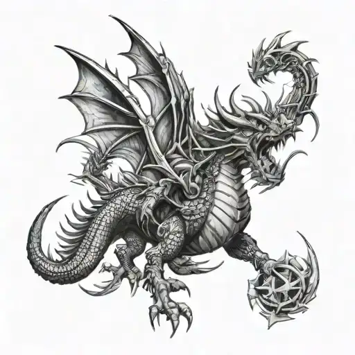 A Tattoo Design Of A Fierce Dragon Battling A Group Of Warhammer Warriors On A Battlefield