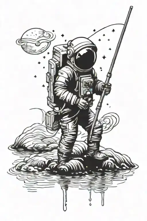 Spaceman Standing With A Fishing Rod In Water With The Night Sky Above Tattoo Design Idea