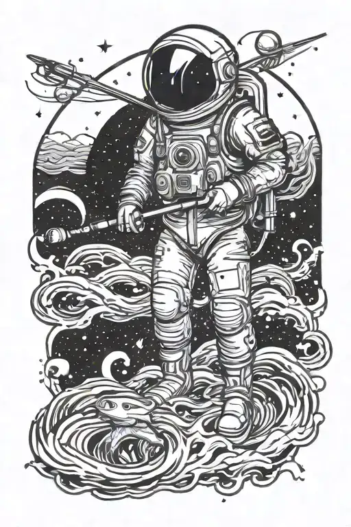 Spaceman Standing With A Fishing Rod In Water With The Night Sky Above Tattoo Design Idea