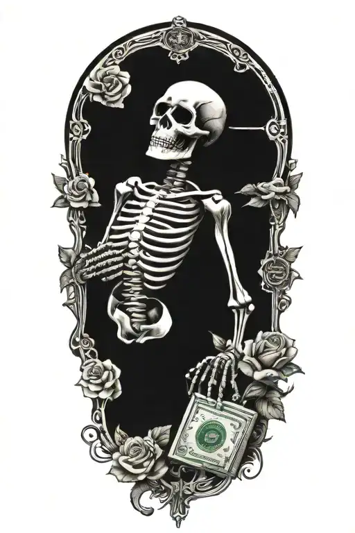 Latin Praying Skeleton With Money Rose Intertwined
