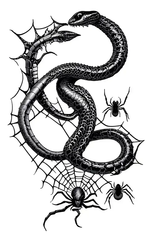 Broken Robotic Snake With Webs And Spiders Over It