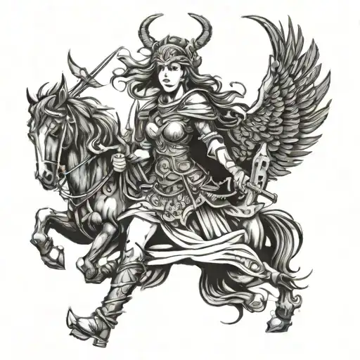 A Valkyrie Warrior Maiden Leading Fallen Warriors To Valhalla In Blackwork