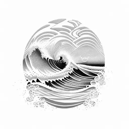 A Dotwork Tattoo Of A Polynesian-inspired Landscape With 3D Waves Crashing Against Rocks