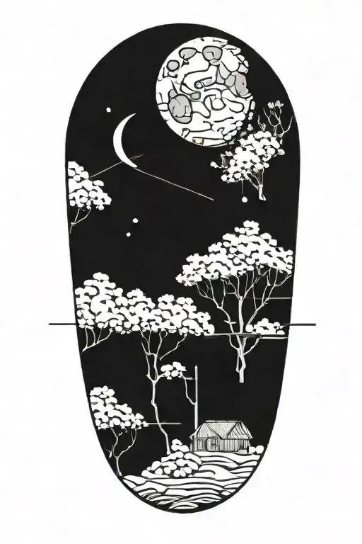 Sewing Needles And Thread Attached With A Moon And Trees