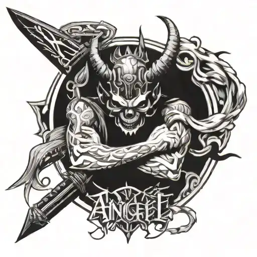 The Word Angel Surrounded By An Oni Mask And Three Katanas