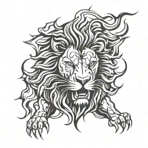 Angry Lion And Fire Flames