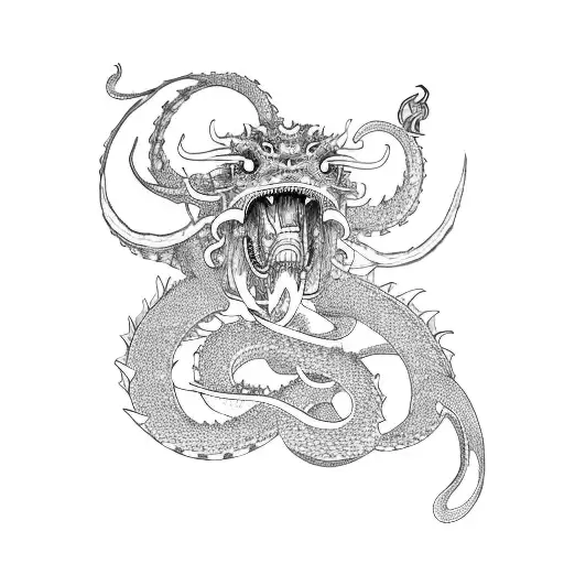 A Japanese Samurai Fighting A Kraken And A Dragon