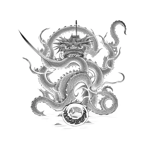 A Japanese Samurai Fighting A Kraken And A Dragon