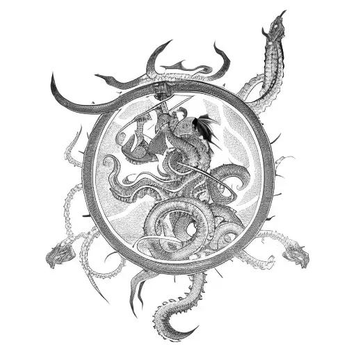 A Japanese Samurai Fighting A Kraken