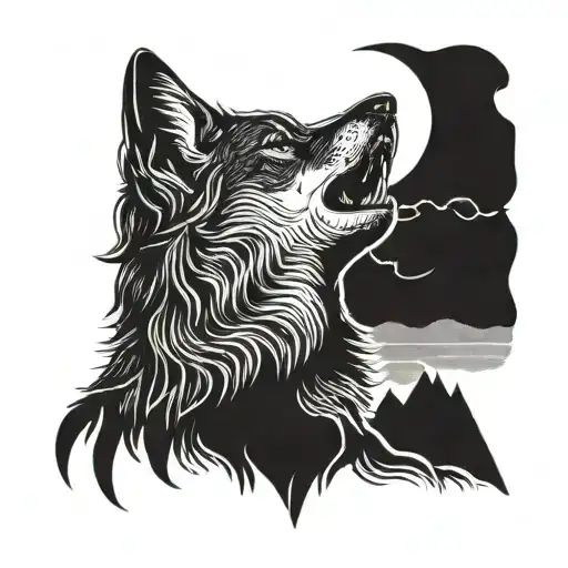 A Fierce Wolf Howling At The Moon In A Blackwork Style