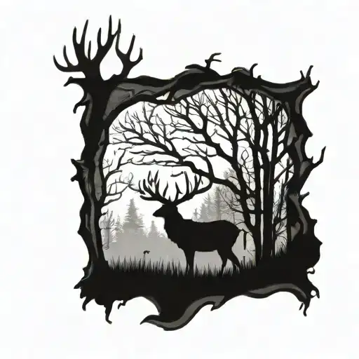 Only The Back Of A Deer Silhouette Filled With Trees And Branches Without Other Background
