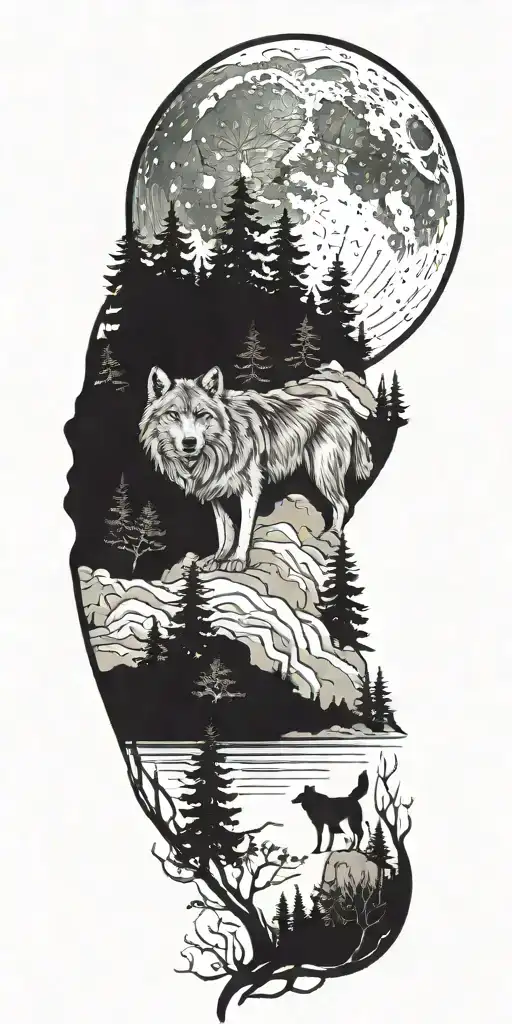 A Tattoo Design Of A Wolf Howling At The Moon In A Mystical Forest Setting