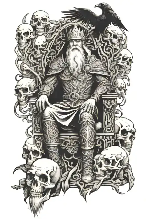 Odin On A Throne With Skulls And Crows As The Background