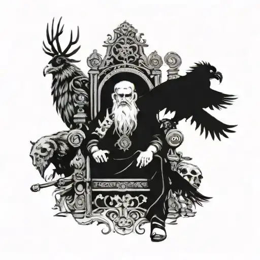 Odin On A Throne With Skulls And Crows As The Background