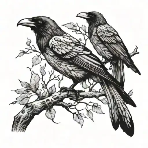 Odins Ravens On A Tree Branch